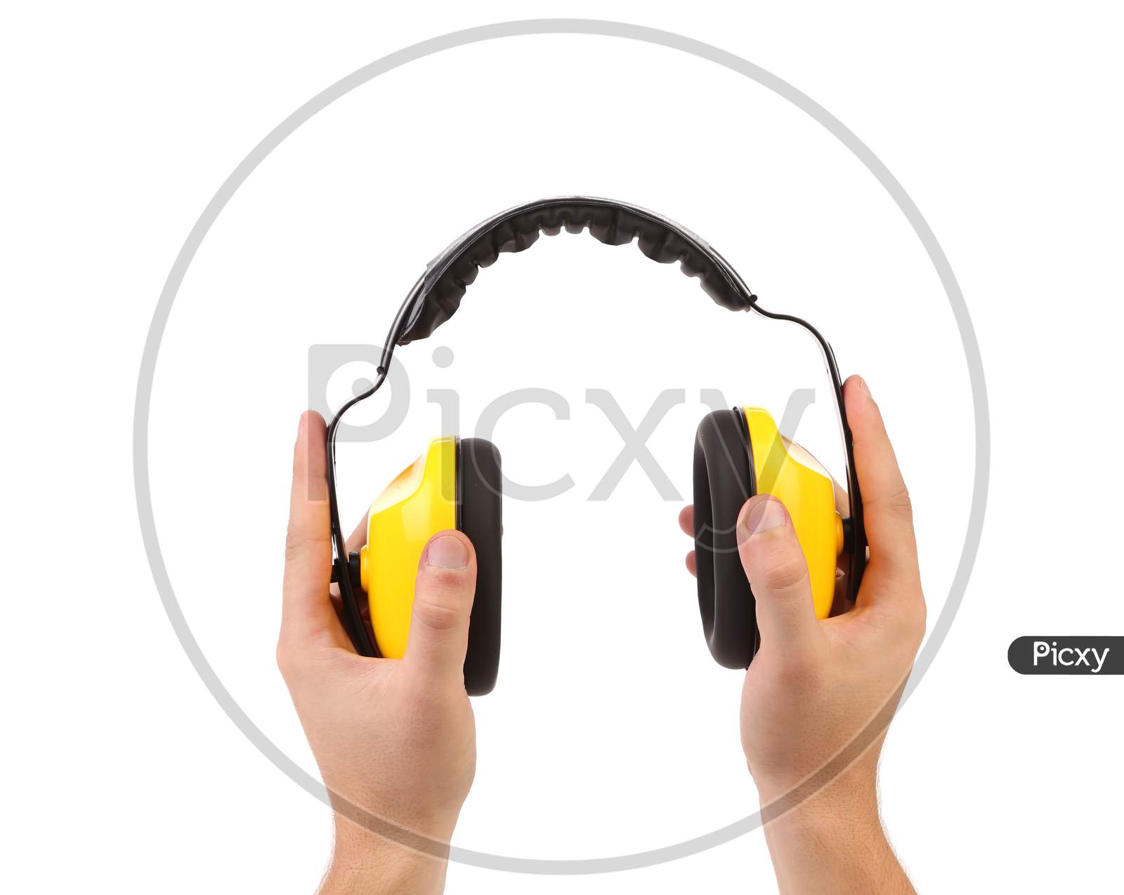 Hands Holds Working Protective Headphones. Isolated On A White Background.