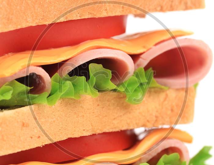 Close Up Of Fresh Sandwich With Ham. Whole Background.