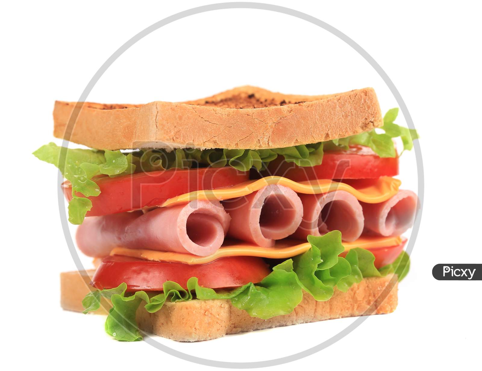 Fresh And Tasty Sandwich Close Up. Isolated On A White Background.