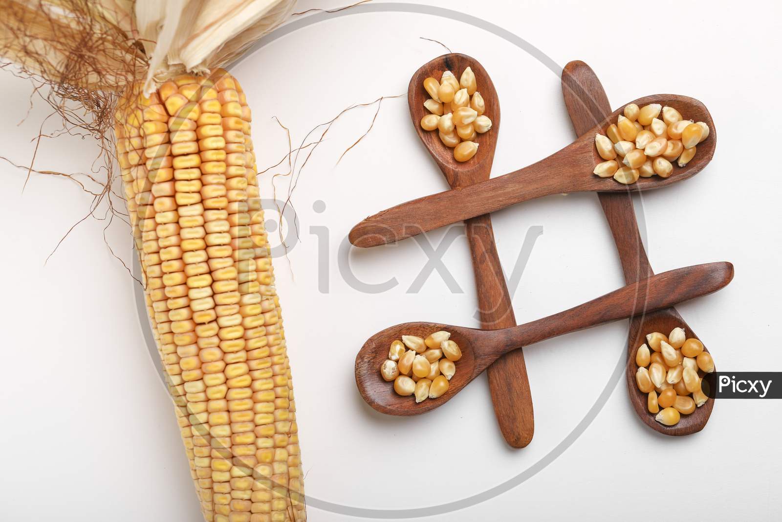 Dried Corn Seeds In Spoon On White Background ,
