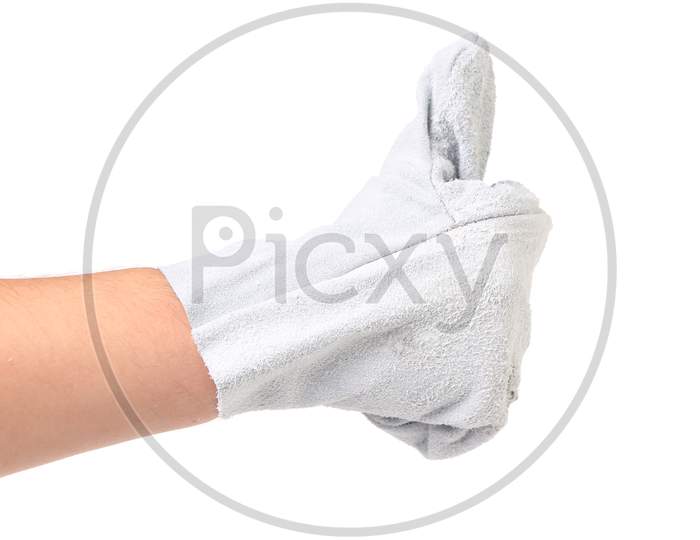 White Mittens On Hand. Isolated On A White Background.