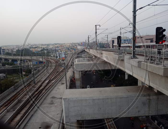 Hyderabad metro top view in junction track level