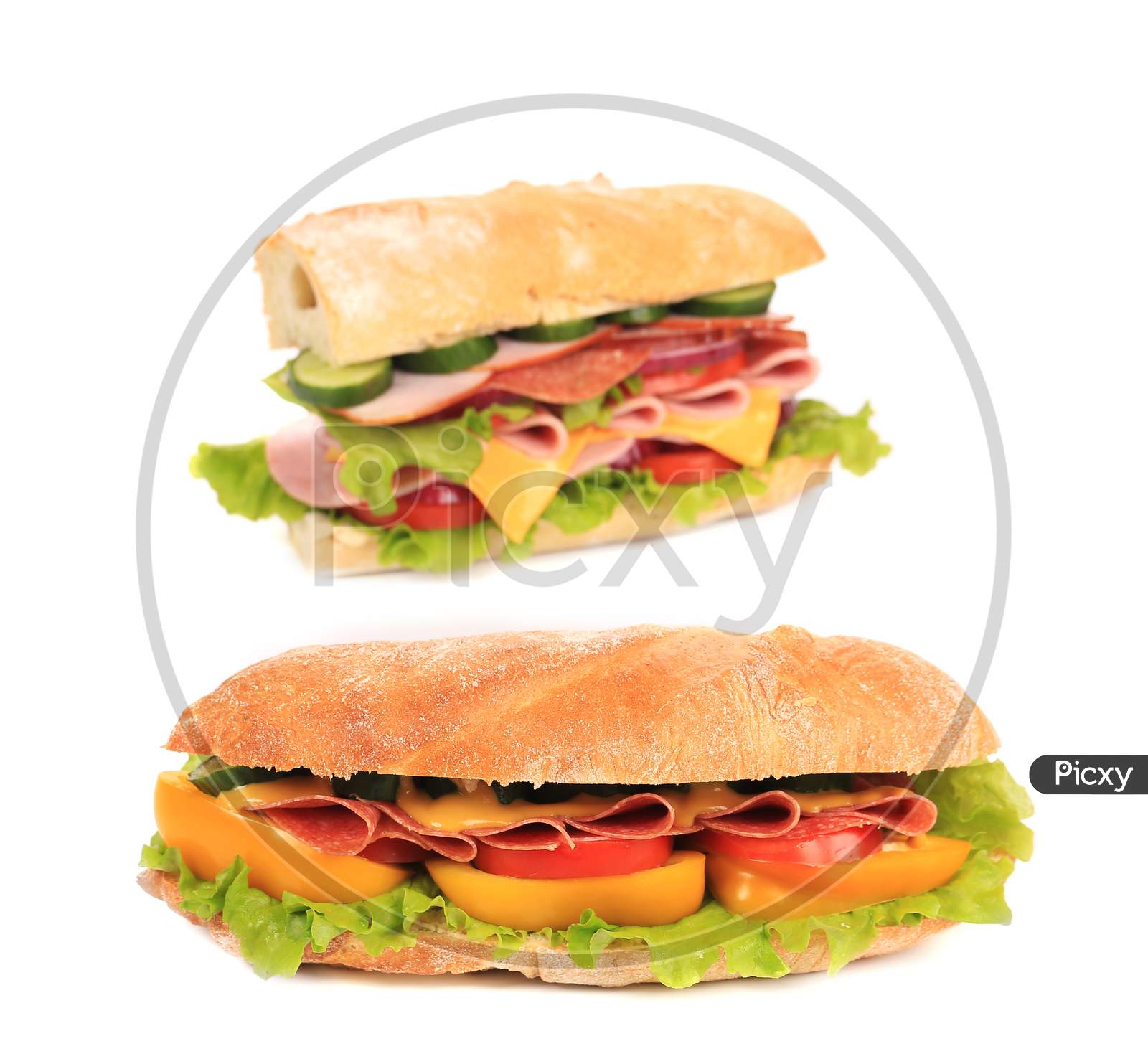 French Baguette Sandwich. Blurred. Isolated On A White Background.