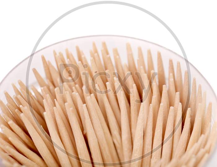 Toothpicks In A Round Box. Place For Text. Whole Background.