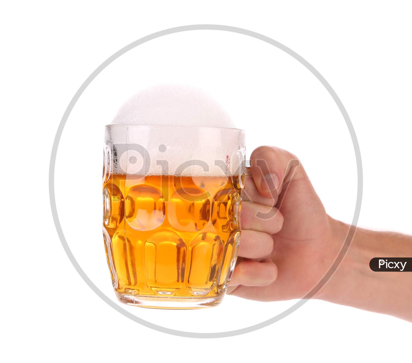Big Mug With Gold Beer. Isolated On A White Background.