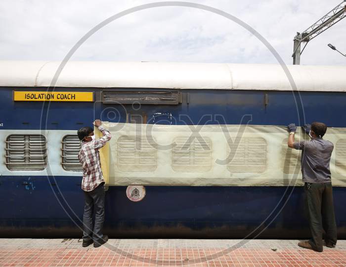 Railway Workers Getting  an Train Wagon Ready For Corona Virus Isolation Ward in Bangalore City