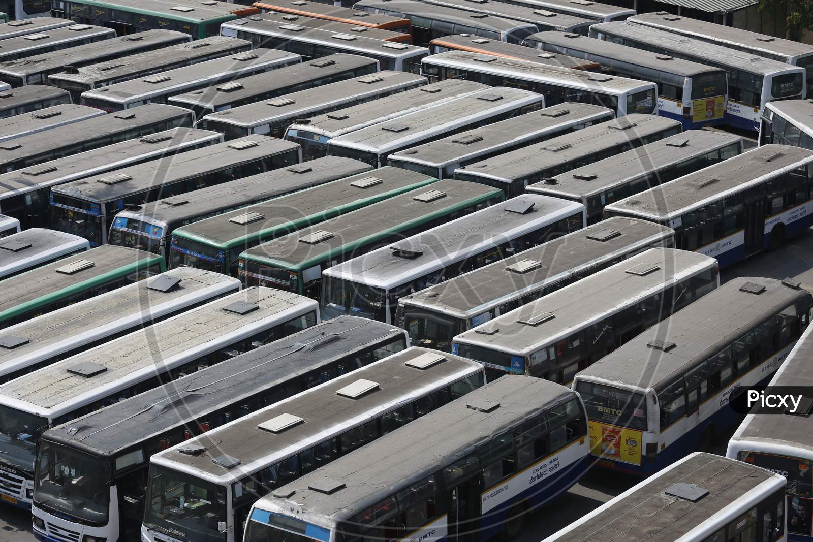 Stranded BMTC Buses In a Kempe Gowda bus terminal In bangalore City During Lock Down For Corona Virus of COVID-19 Pandemic Situations. bangalore