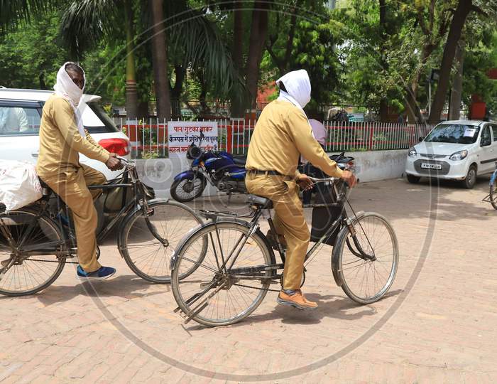 Postmen Going To Distribute Couriers  And Letters At A Post Office During A Nationwide Lockdown Amidst COVID-19 or Coronavirus Outbreak In Prayagraj, April 20, 2020