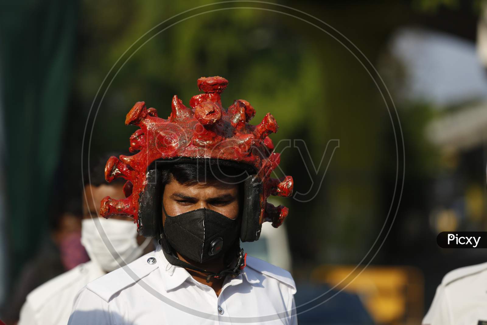Bangalore City traffic police Wearing Corona Virus Shaped helmet During Lock down For Corona Virus or COVID-19 Pandemic  Situations