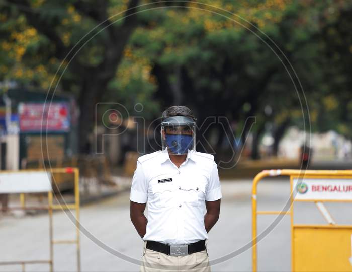 Bangalore City police Wearing Safety Shield During Duty hours In Lock Down period For  Corona Virus or COVID-19 Pandemic  in Bangalore