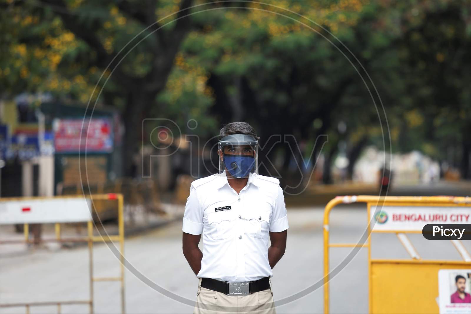 Bangalore City police Wearing Safety Shield During Duty hours In Lock Down period For  Corona Virus or COVID-19 Pandemic  in Bangalore