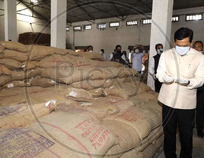 Assam Chief Minister Sarbananda Sonowal At A Godown Of  FCI At Noonmati Seeing The Quality Of Rice At The Godown In Guwahati On April 20, 2020