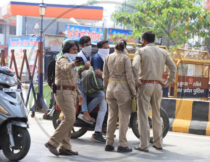 Policemen Checking People Who Come Out On The Road During A Nationwide Lockdown as  Preventive  Measure Of Covid 19 or  Coronavirus In Prayagraj, April 21, 2020