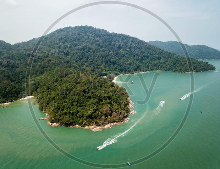 Drone View Tourism Boats Bring Tourist To Penang National Park.