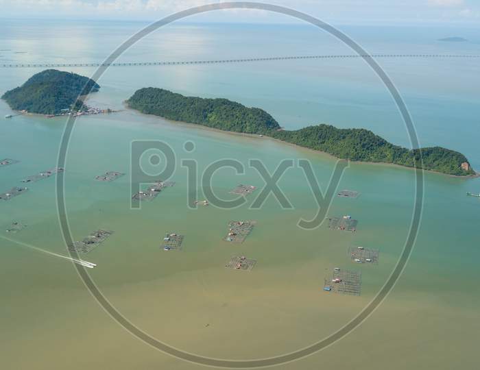 Aerial View Boat Move Near Fish Farm At Sea Near Pulau Aman And Pulau Gedong At Pulau Pinang.
