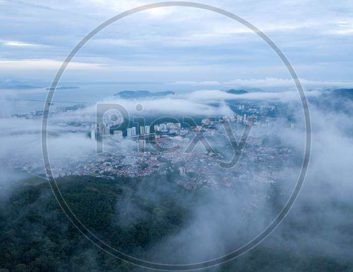 Aerial View Paya Terubong Over Sea Cloud At Penang Hill.