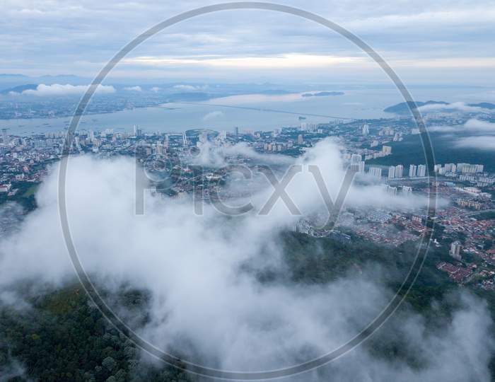 Aerial View Sea Cloud Move Toward Penang George Town In Cloudy Morning.