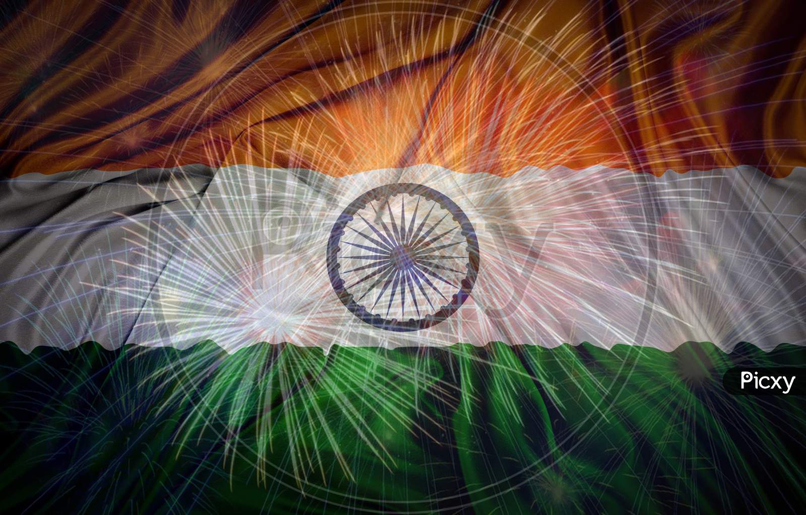 Close up Indian flag with fireworks background