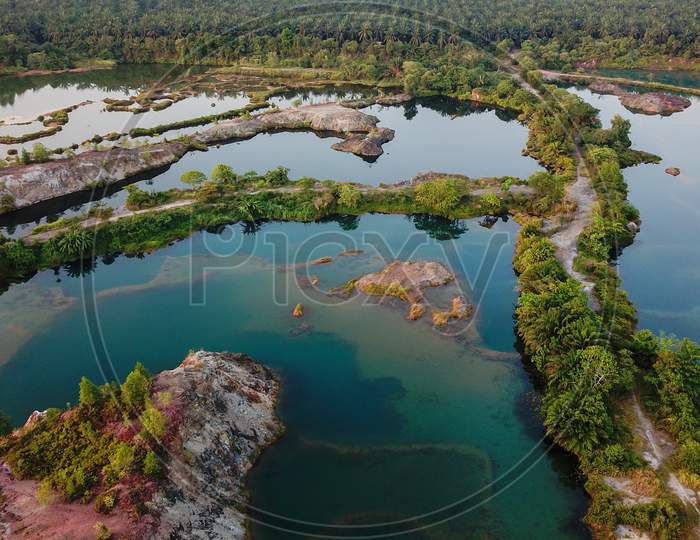 Aerial View Rock Stone In Clear Lake.