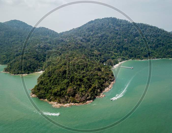 Aerial View Fishing Boats Move Near Penang National Park.