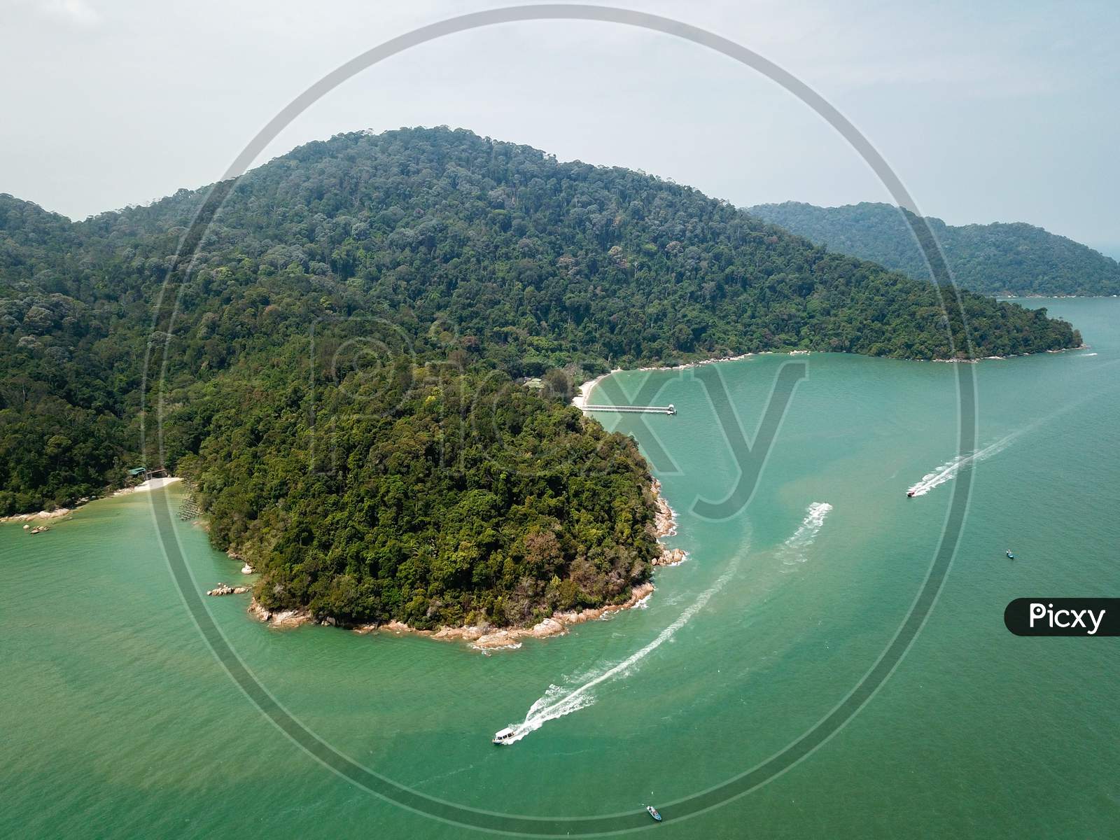 Drone View Tourism Boats Bring Tourist To Penang National Park.