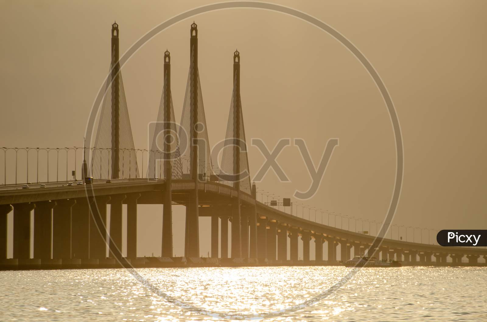 Magnificent Architecture Main Span Of Penang Second Bridge In Morning.