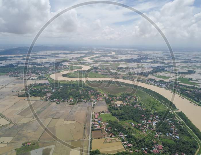 Aerial View Sungai Muda And Malays Village. Border For Kedah And Penang.
