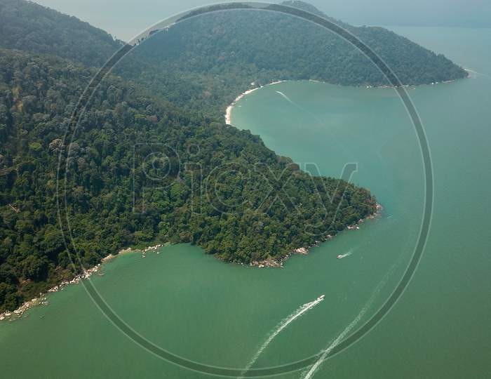 Aerial View Boats Carry Tourist Visit Penang National Park.