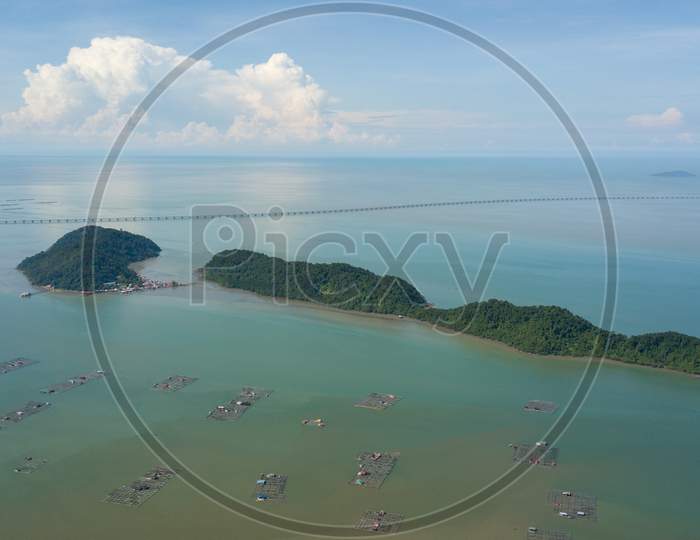 Aerial View Fish Farm Near Pulau Aman And Pulau Gedong In Sunny Day.