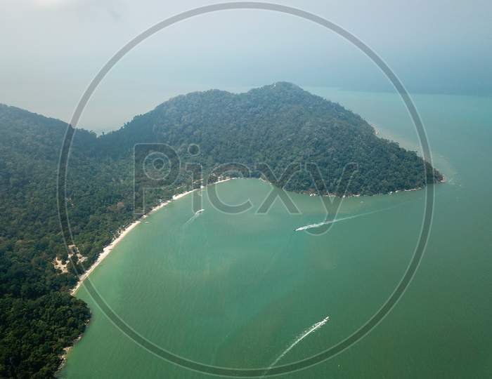 Drone View Green Scenery Of Hill And Sea At Penang National Park