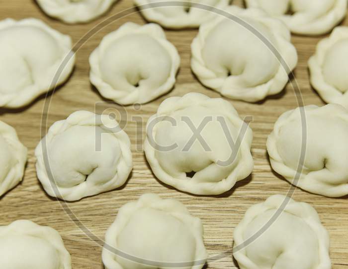 Many Round Dumplings From The Close Top View. Selective Focus.