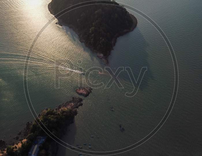 Aerial View Fishing Boat Back At Pulau Sayak.