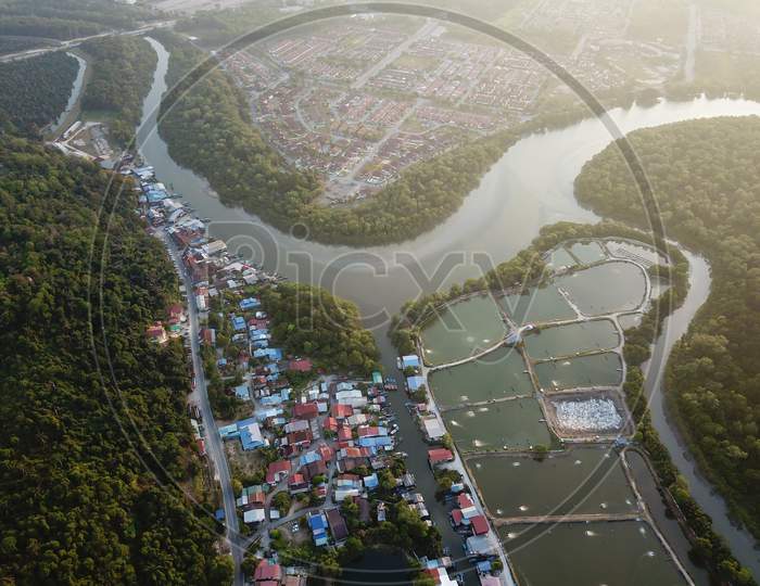 Aerial View Fishing Village And Fish Far, At Bukit Tambun, Pulau Pinang.