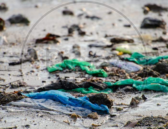 Garbage Plastic Bag At Beach.