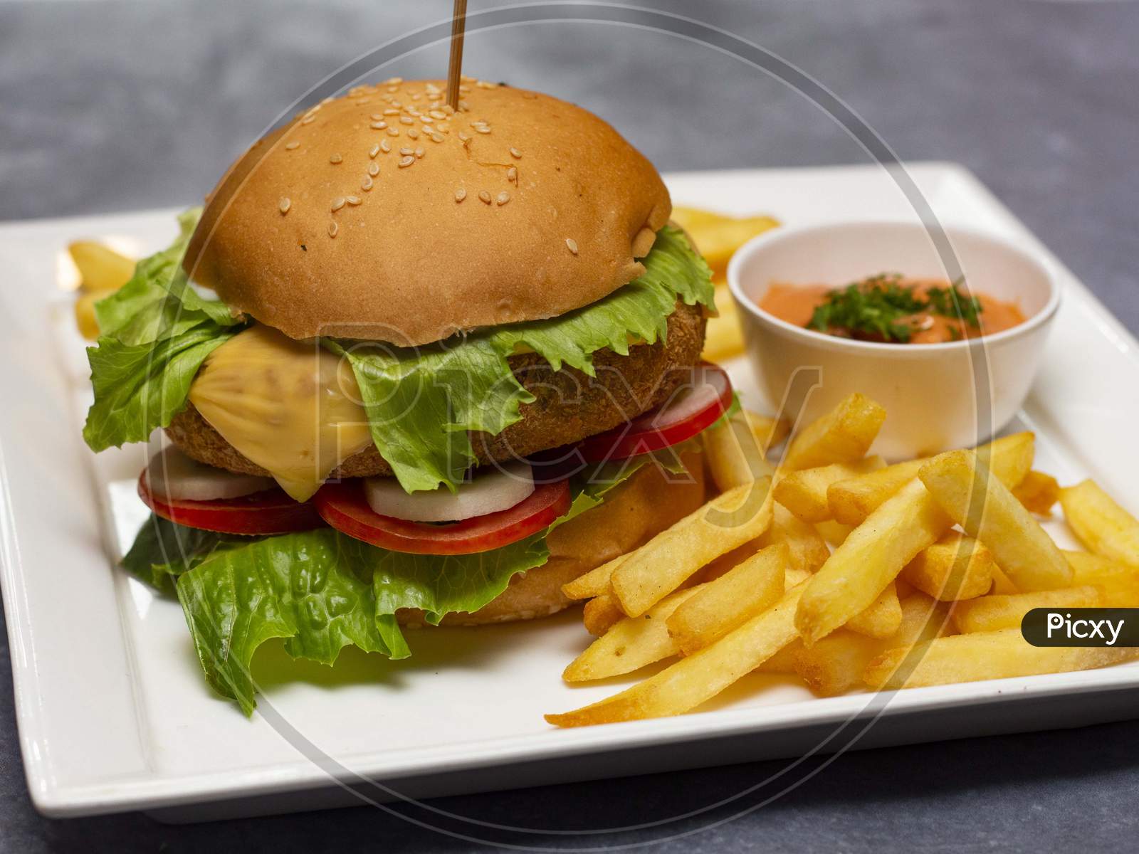 Burger with fresh lettuce, tomato, onion and cheese served with french fries