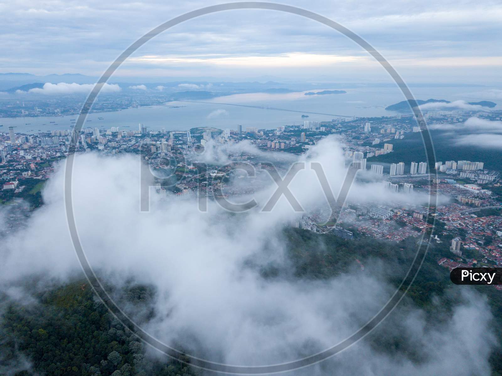 Aerial View Sea Cloud Move Toward Penang George Town In Cloudy Morning.