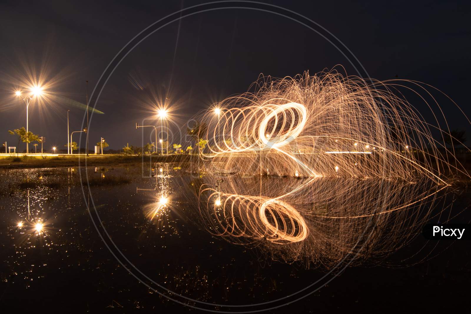 Fire Steel Wool With Reflection.