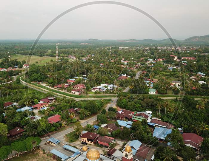 Drone View Malays Kampung At Penanti In Evening.