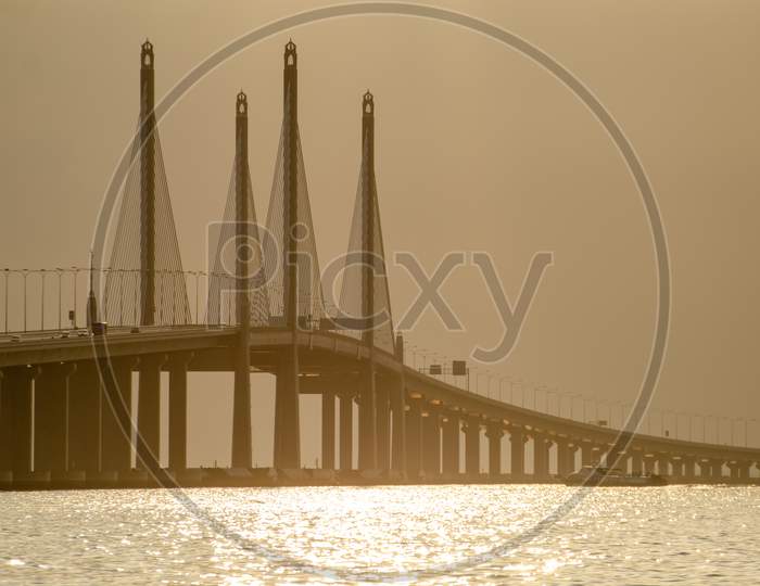 Magnificent Architecture Main Span Of Penang Second Bridge In Morning.