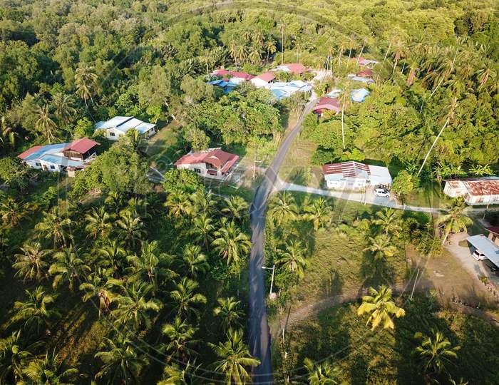 Aerial View Malays Village In Green Bush At Juru, Penang.