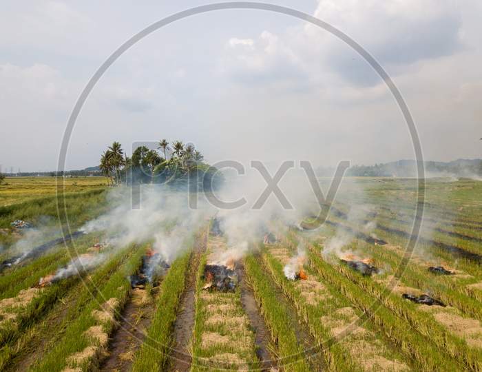 Aerial View Open Fire At Paddy Field.