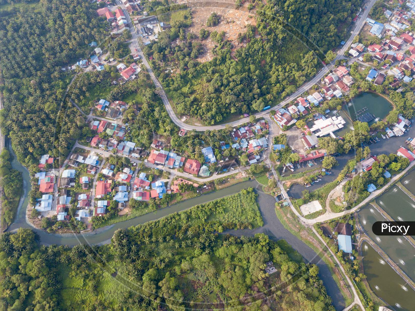 Aerial View Bukit Tambun Malays Kampung With Surrounding.