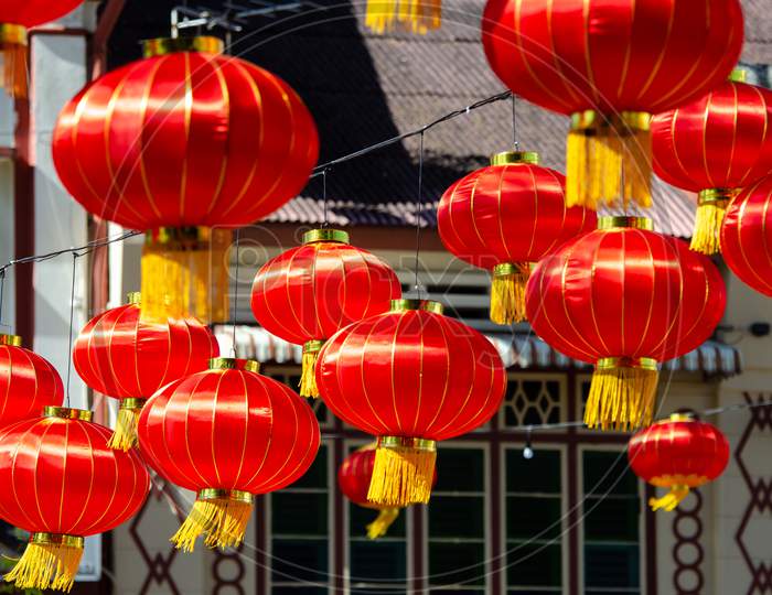 Chinese New Year Red Lantern In Morning.