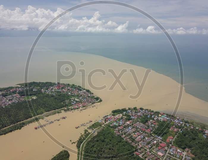 Aerial View Sungai Muda Connected To Sea.