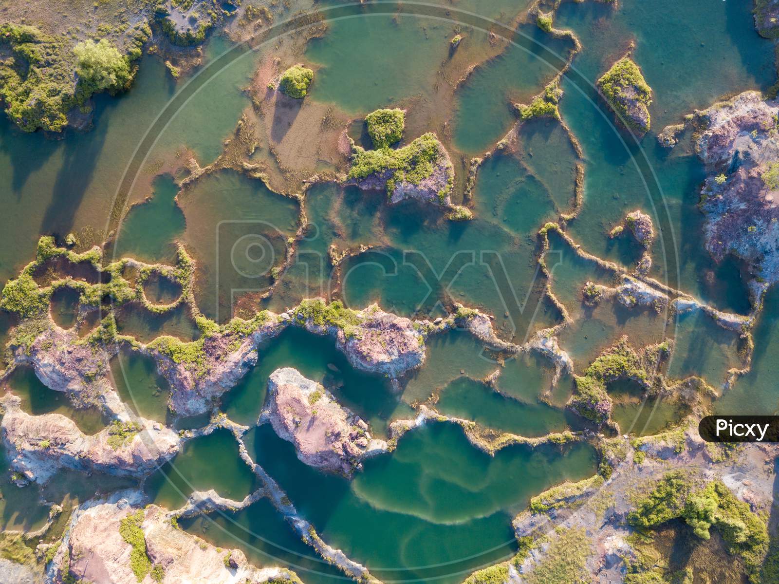 Aerial View Look Down Abandoned Quarry.
