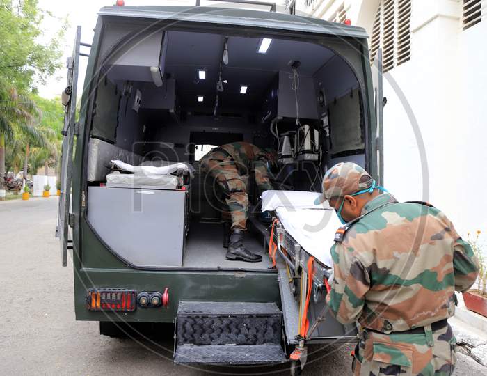 Indian Army Soldiers Preparing Special Ambulances For Patients At a Military Hospital  During Nationwide Lockdown Amidst  Coronavirus Or COVID-19 Outbreak In Prayagraj April 23, 2020