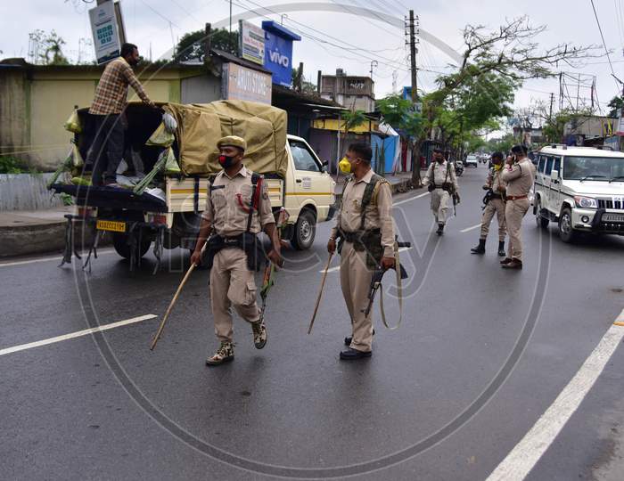 Security Personnel Patrol On A Road  During Nationwide Lockdown Amidst Coronavirus or COVID-19 Outbreak in Nagaon, Assam  April 24,2020