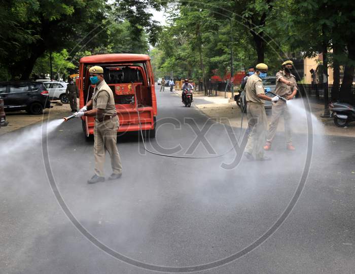 Firefighters Spraying Sanitizers During Nationwide Lockdown Amidst Coronavirus or COVID-19 Outbreak in Prayagraj.April 24,2020