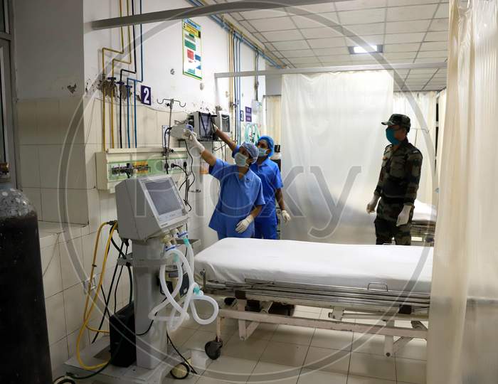 Nurses Set up Beds For Quarantine Wards In an Army Hospital During Nationwide Lockdown Amidst Coronavirus or COVID-19 Outbreak in Prayagraj.April 24,2020