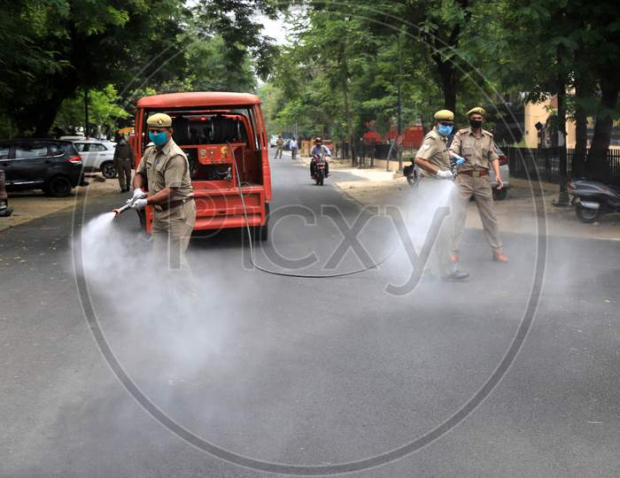 Firefighters Spraying Sanitizers During Nationwide Lockdown Amidst Coronavirus or COVID-19 Outbreak in Prayagraj.April 24,2020